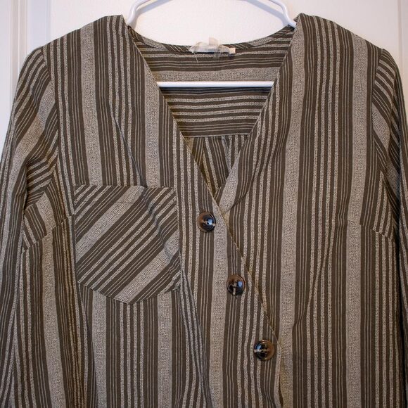 Artisan VTG Linen Top Striped Lagenlook Asymmetrical Pocket Shirt M Soft Autumn - Picture 3 of 7